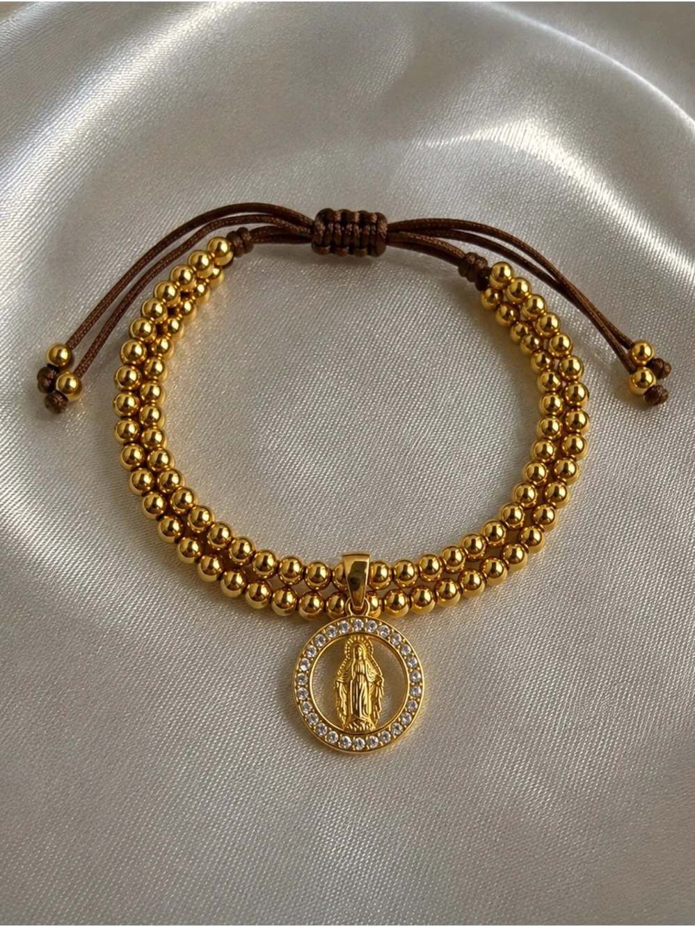 Gold Virgin Mary Charm Beaded Bracelet - Women's Religious Jewelry